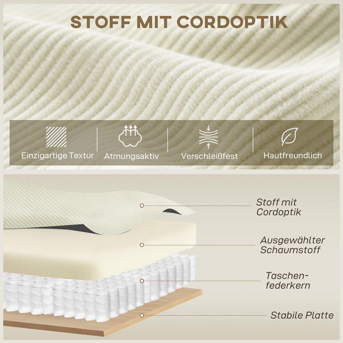 3-zitsbank met chaise longue, woonkamerbank met ribstof, 2 extra kussens, gestoffeerde bank, crèmewit (5)