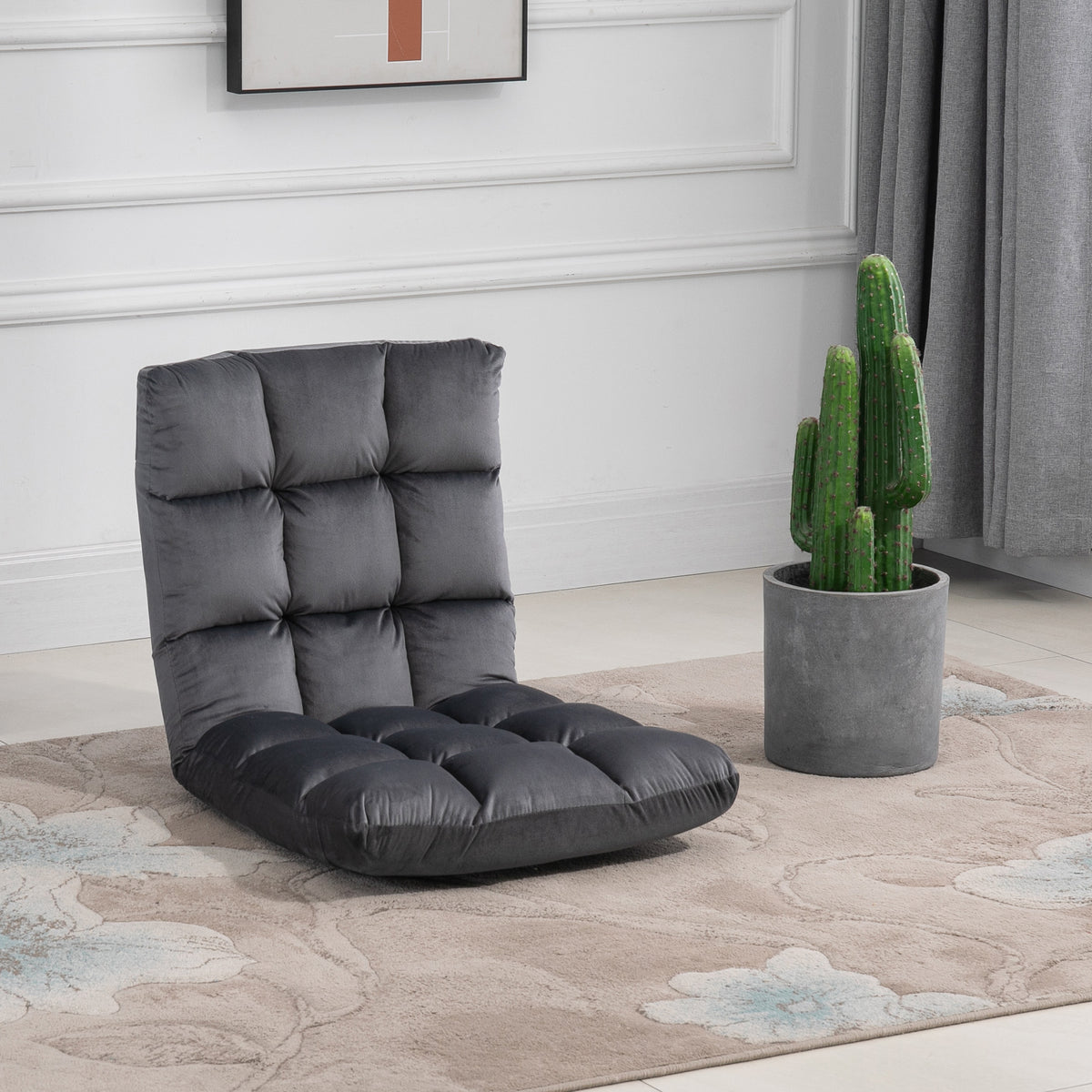 Fauteuil logeermatras vloerstoel, verstelbare rugleuning, velouroptiek, 55 cm x 71 cm x 53,5 cm, grijs (2)