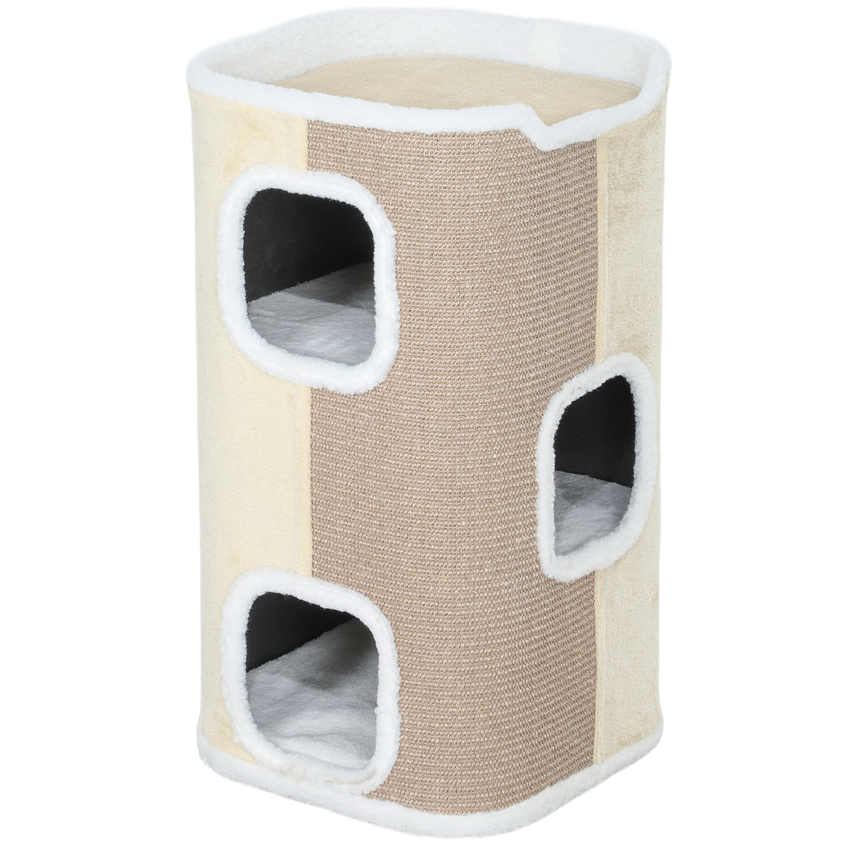Krabton voor katten, krabpaal, 3 niveaus, robuust, zacht pluche, schuilplaats, beige