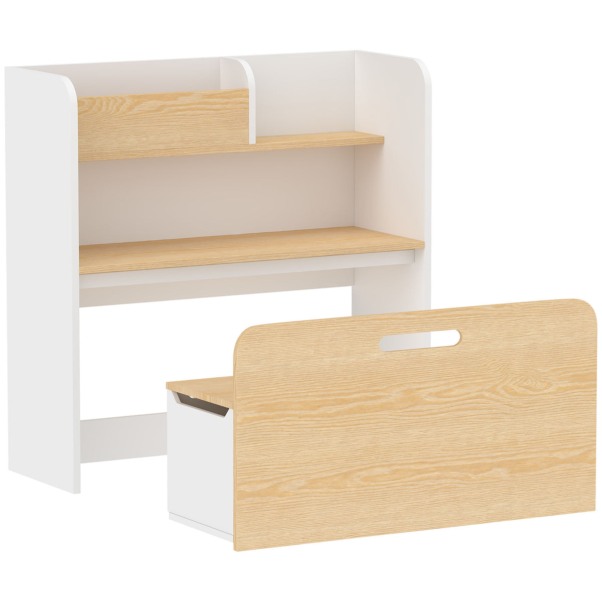 Kindertafel met bankje, 5-in-1 kindermeubelset met boekenplank, verrijdbare speelgoedbank met opbergbox voor 3-8