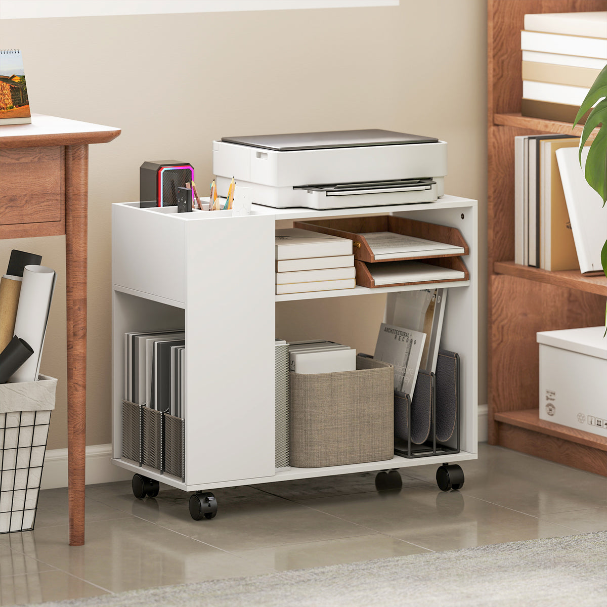 Printerstandaard printertafel met verdeeld vak, legplanken voor kantoor 70 x 34 x 60 cm wit (2)