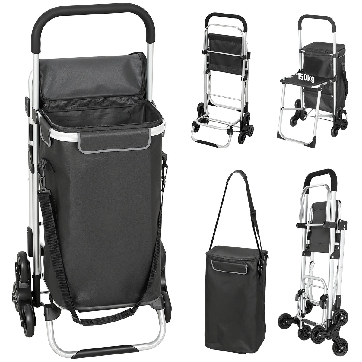 Boodschappentrolley, 40 L Oxford-tas, 3-wielontwerp, aluminium frame, zitting, donkergrijs