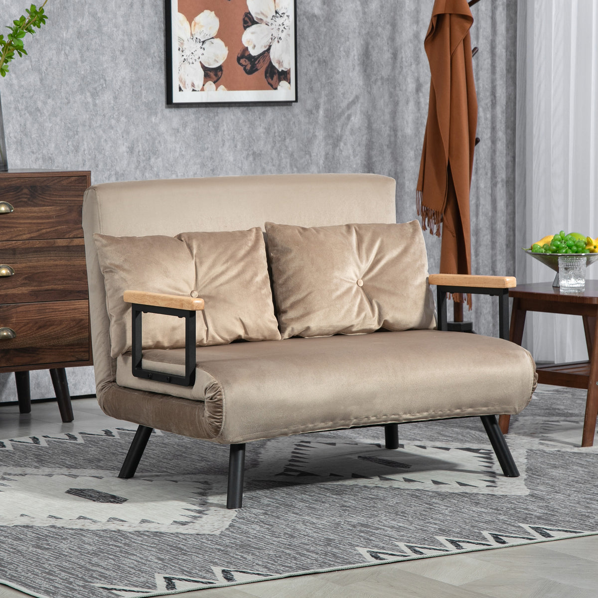Slaapfauteuil, logeerbed, houten armleuningen, metalen frame, tot 120 kg, 102x73x81cm, lichtbruin (2)