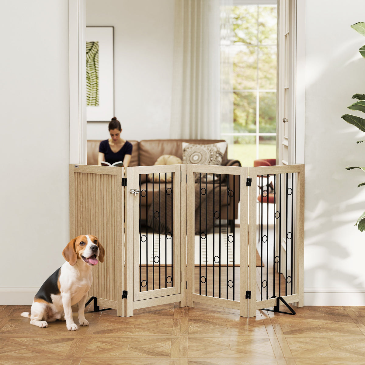 Vrijstaand huisdierhek, hondenhek met deur, 4 panelen, voor gang, trap, deurkozijn, MDF, staal (2)