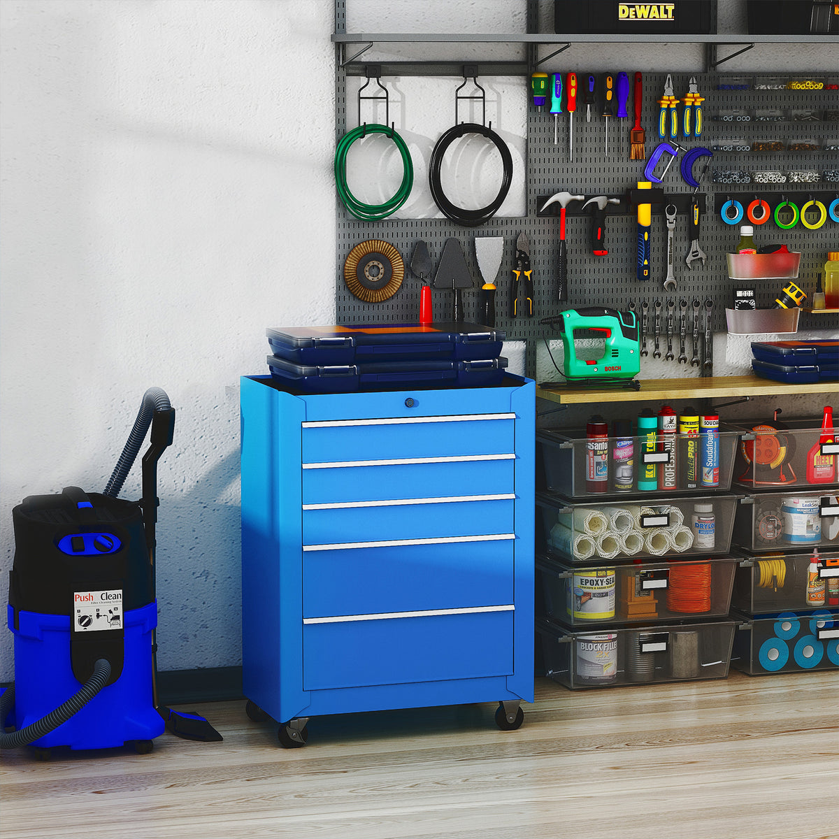 Gereedschapskast, gereedschapskist, 5 laden, verrijdbaar, staal, blauw (2)