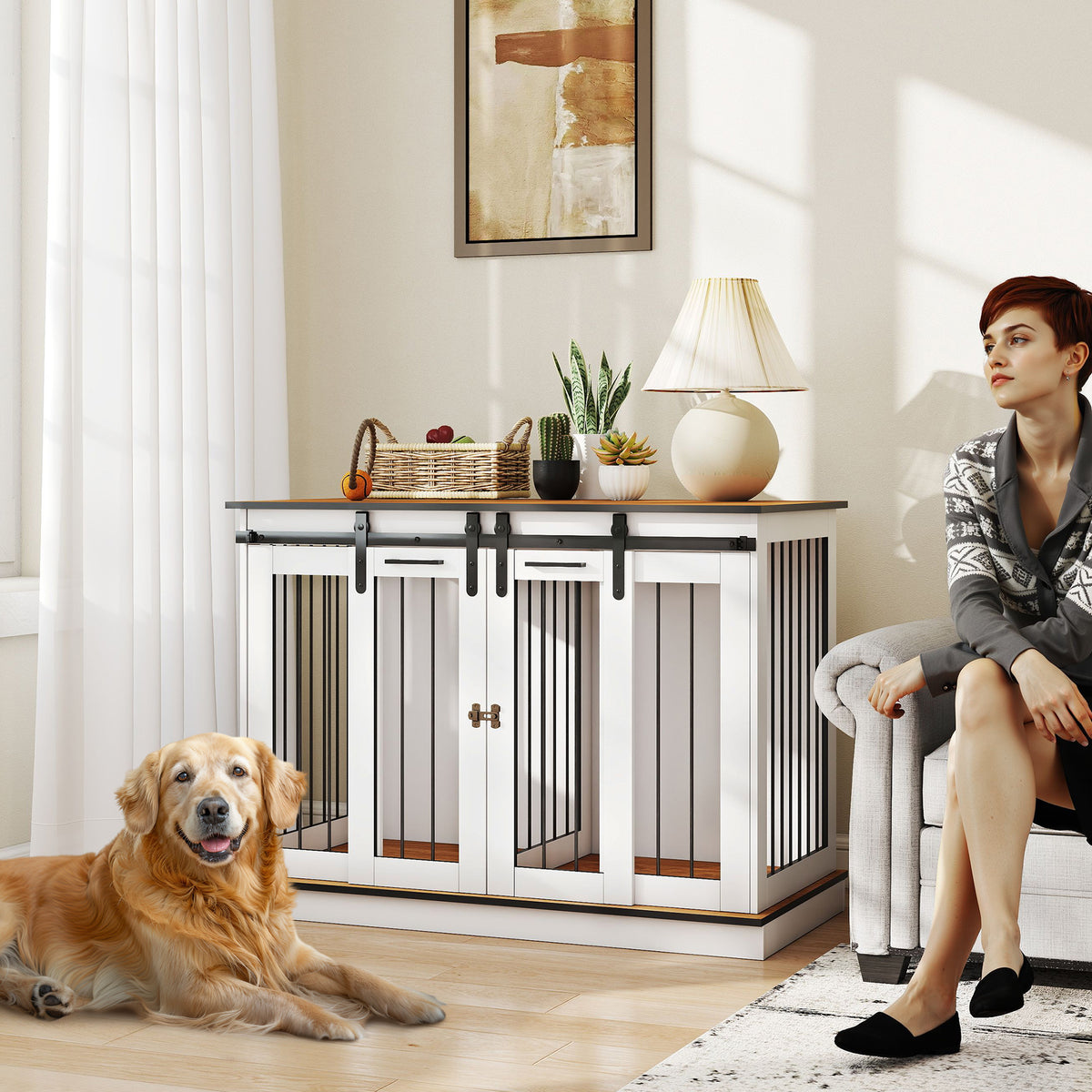 Hondenbench met 2 deuren, hondenkooi, transportbox voor honden, rustiek design, afsluitbaar, wit (2)