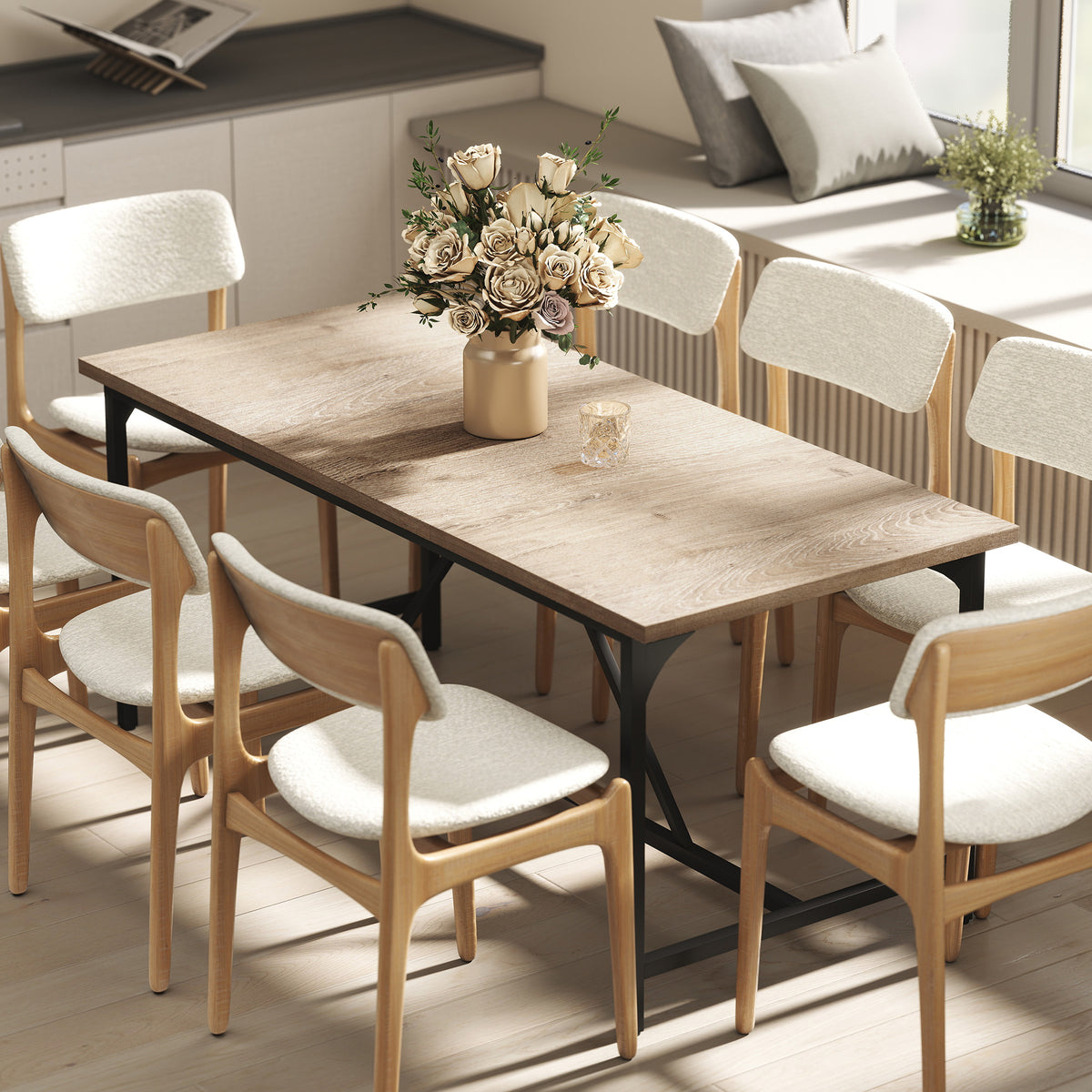 Eettafel voor 6-8 personen, moderne rechthoekige keukentafel met houtlook, 180 x 80 x 75,5 cm, natuur (2)