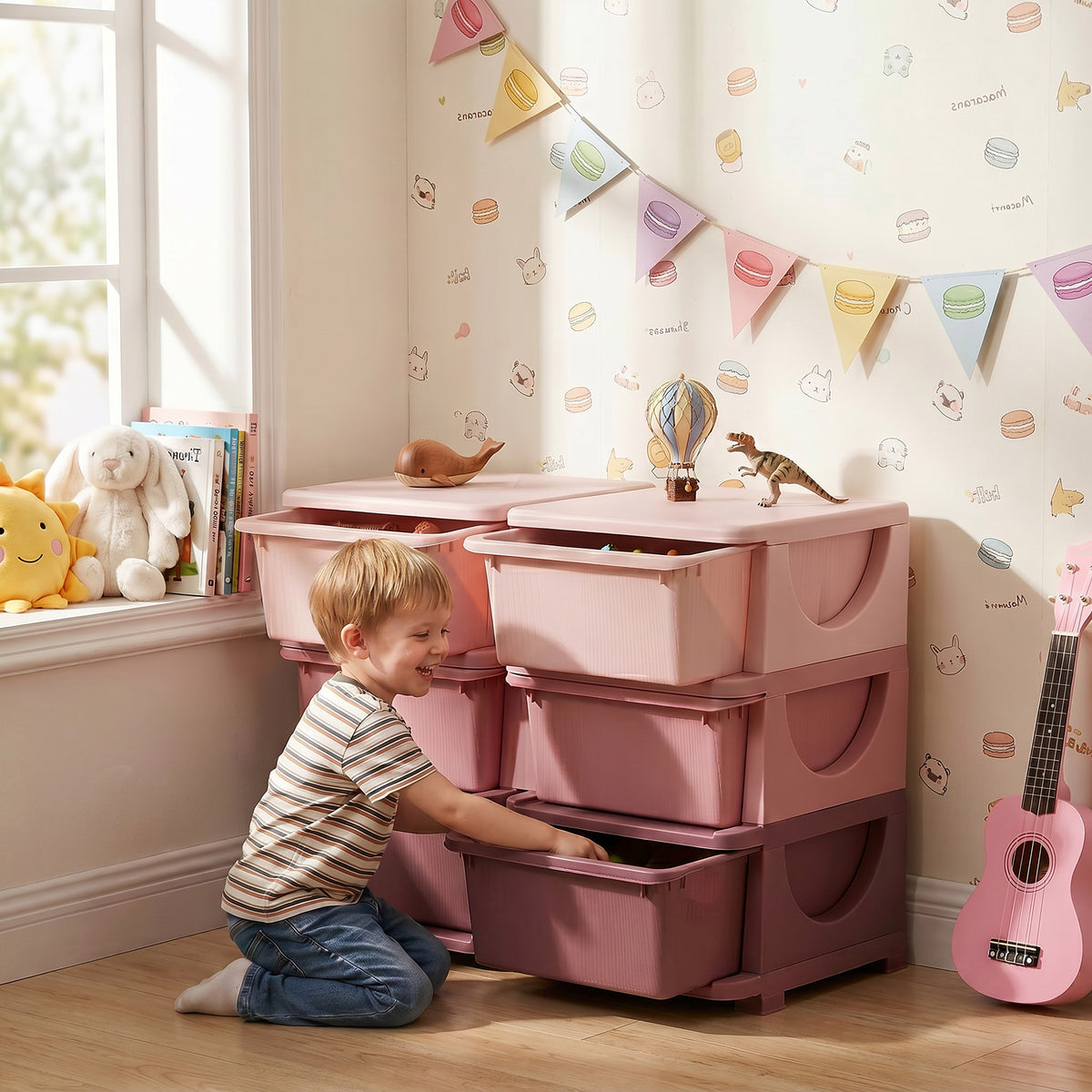 Opbergdoos voor kinderen, kinderopbergdoos, 3 lades, roze (2)