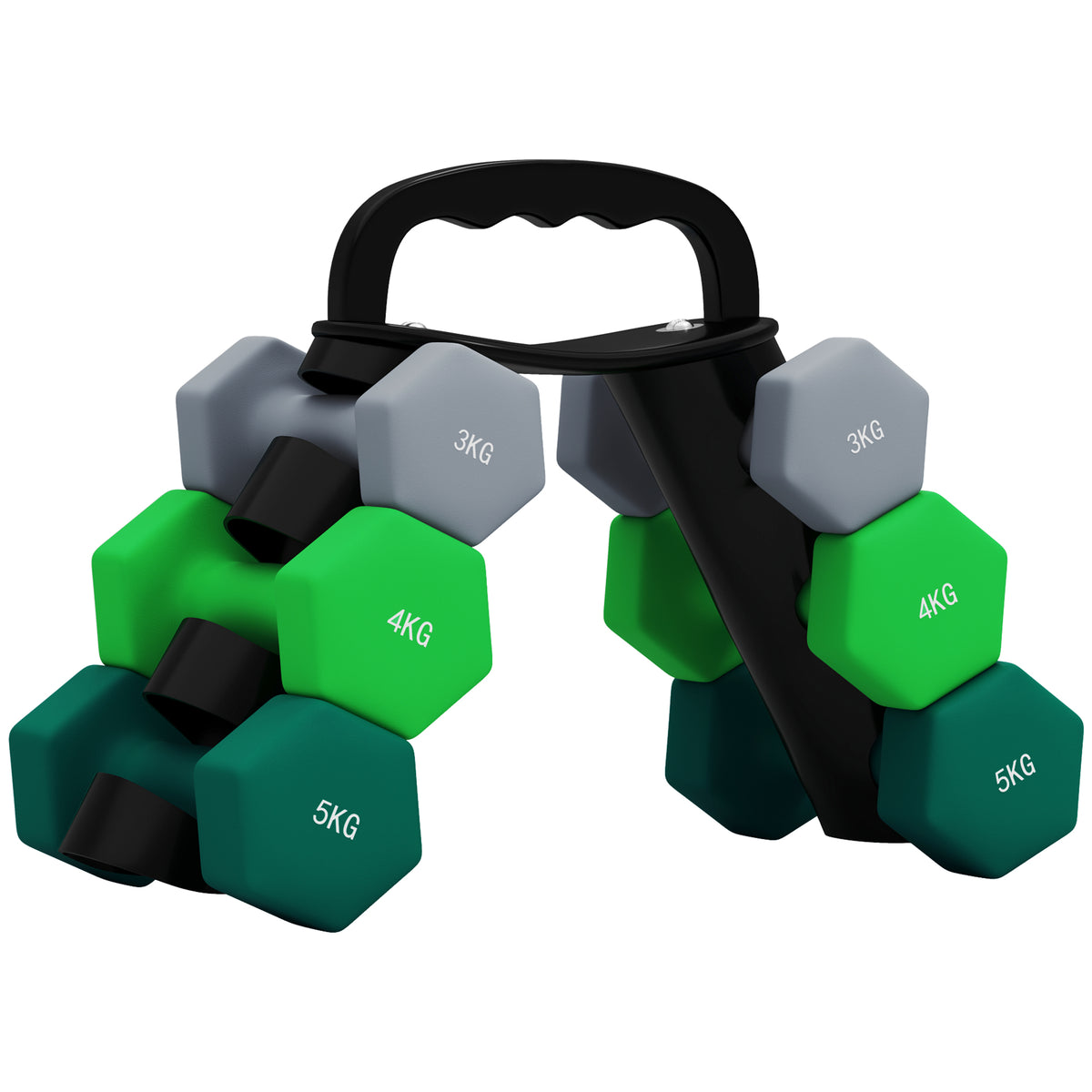 Halterset met opbergrek, set met 6 halters voor fitnesstraining, 2 x 3kg, 2 x 4kg, 2 x 5kg