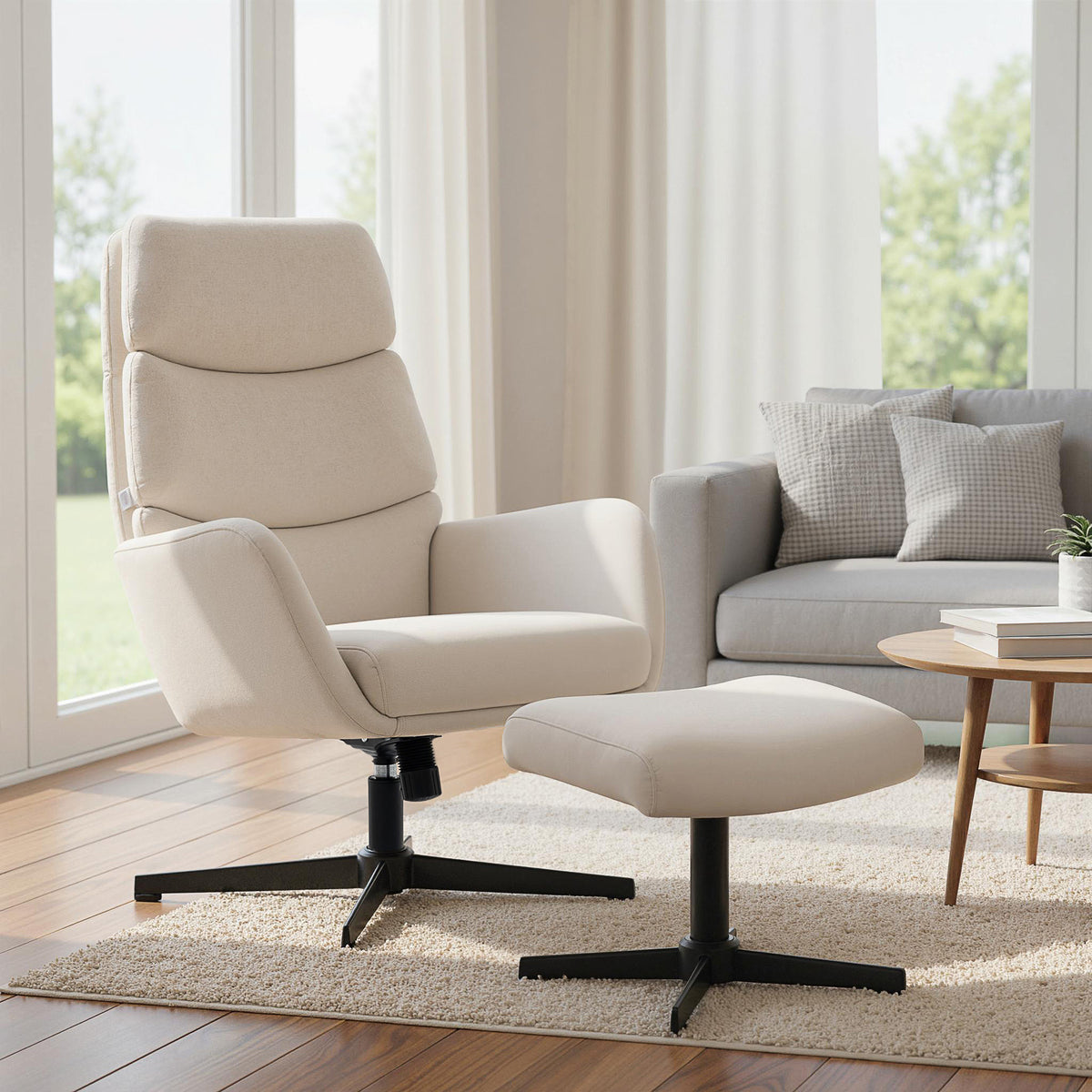 Gestoffeerde fauteuil met voetenbank, loungefauteuil met hoge rugleuning, metalen onderstel, voor woonkamer (2)
