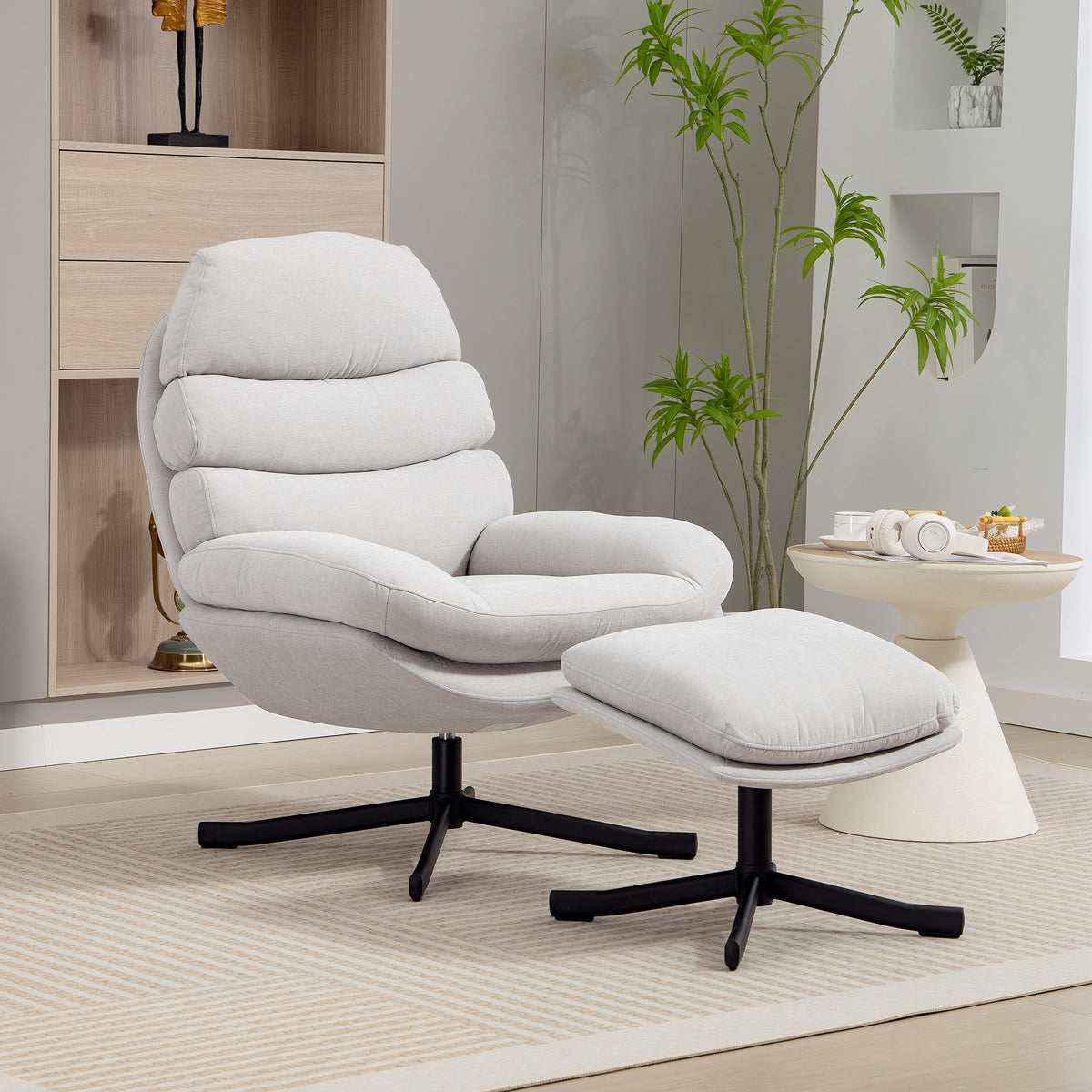 Relaxfauteuil met voetenbank, loungestoel met chenillestof, moderne tv-stoel, 78 x 93 x 100 cm, crèmewit (2)