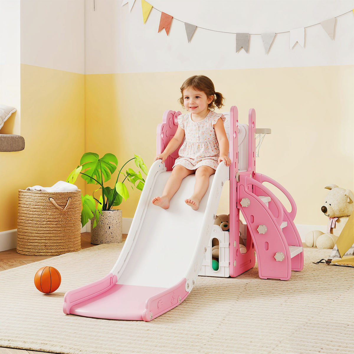 5-in-1 kinderglijbaan-set, telescoop, basketbalring, HDPE, kunststof, roze+wit (2)