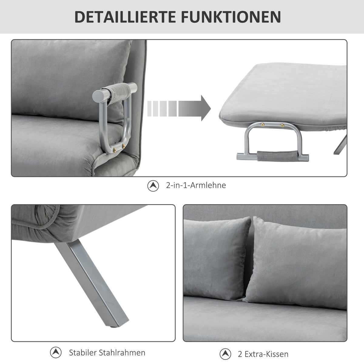 Slaapbank, tweezitsbank, logeerbed, inclusief 2 kussens, grijs (5)