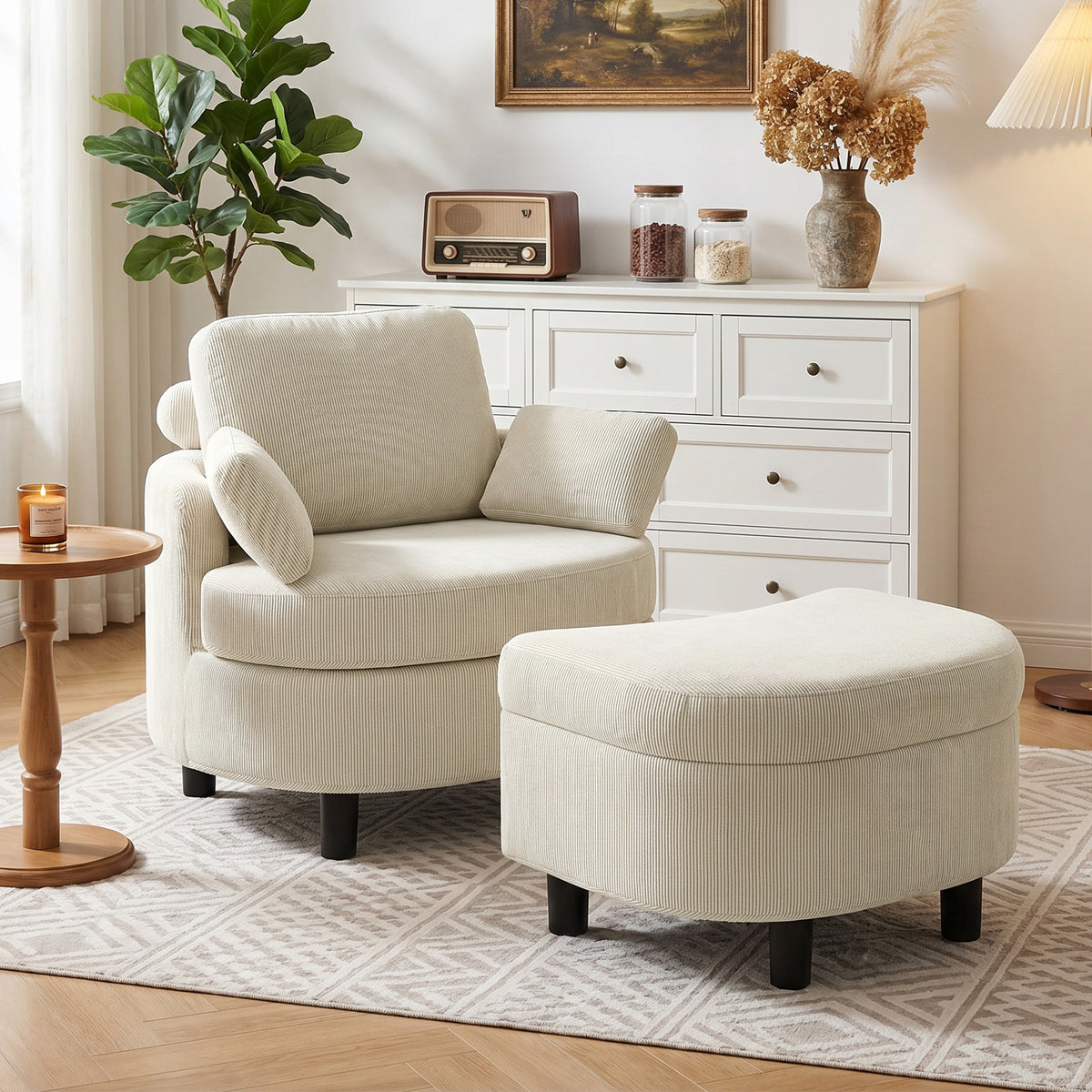 Fauteuil met opberghocker, corduroy bekleding, ronde leesstoel met verstelbare hoofdsteun, brede zitting (10)