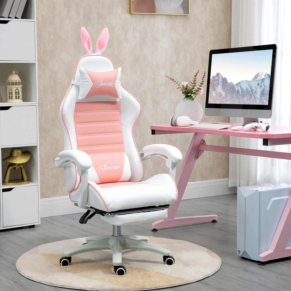 Gaming-stoel Ergonomische gamestoel met lendensteun, voetensteun en konijnenoortjes-hoofdkussen roze (2)