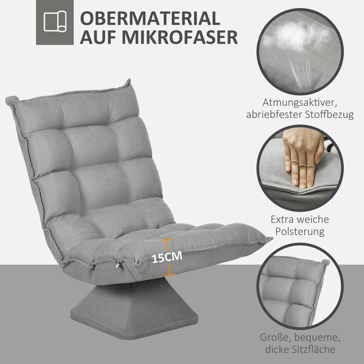 Relaxfauteuil leesfauteuil, draaibaar, fluweeloptiek, 62 cm x 70 cm x 95 cm, lichtgrijs (7)