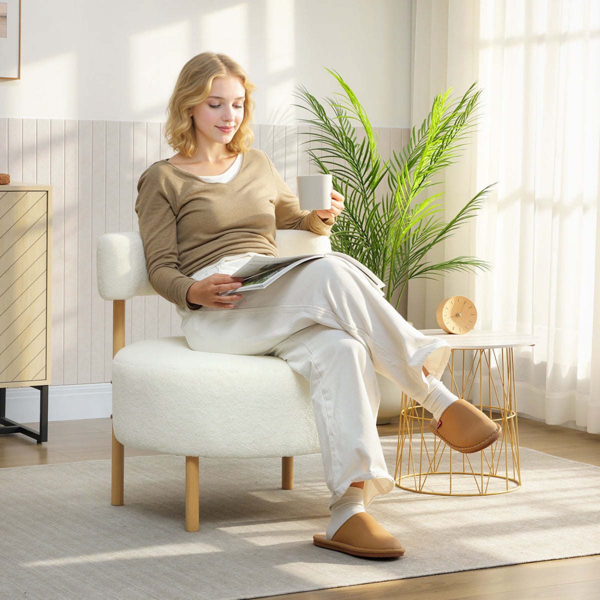 Fauteuil loungestoel relaxfauteuil met sherpa-fleece, metalen poten in houtlook gestoffeerde stoel 67 x 67 x 71 (2)