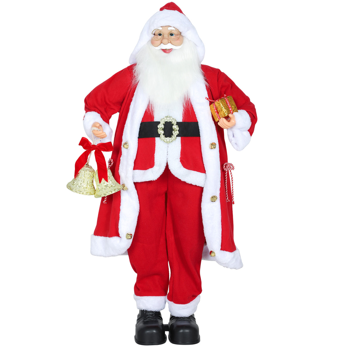 Kerstman 1,15 m staande kerstman met cadeau en kerstbel indoor, rood