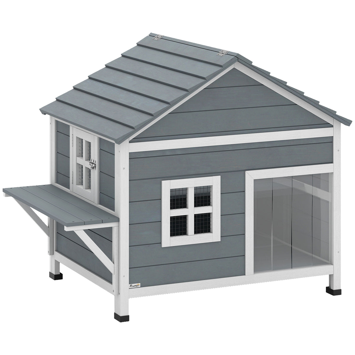 Houten kattenhuis 2 verdiepingen kattenhol met waterdicht opklapbaar dak, zijplatform, 101x72,5x81cm, grijs
