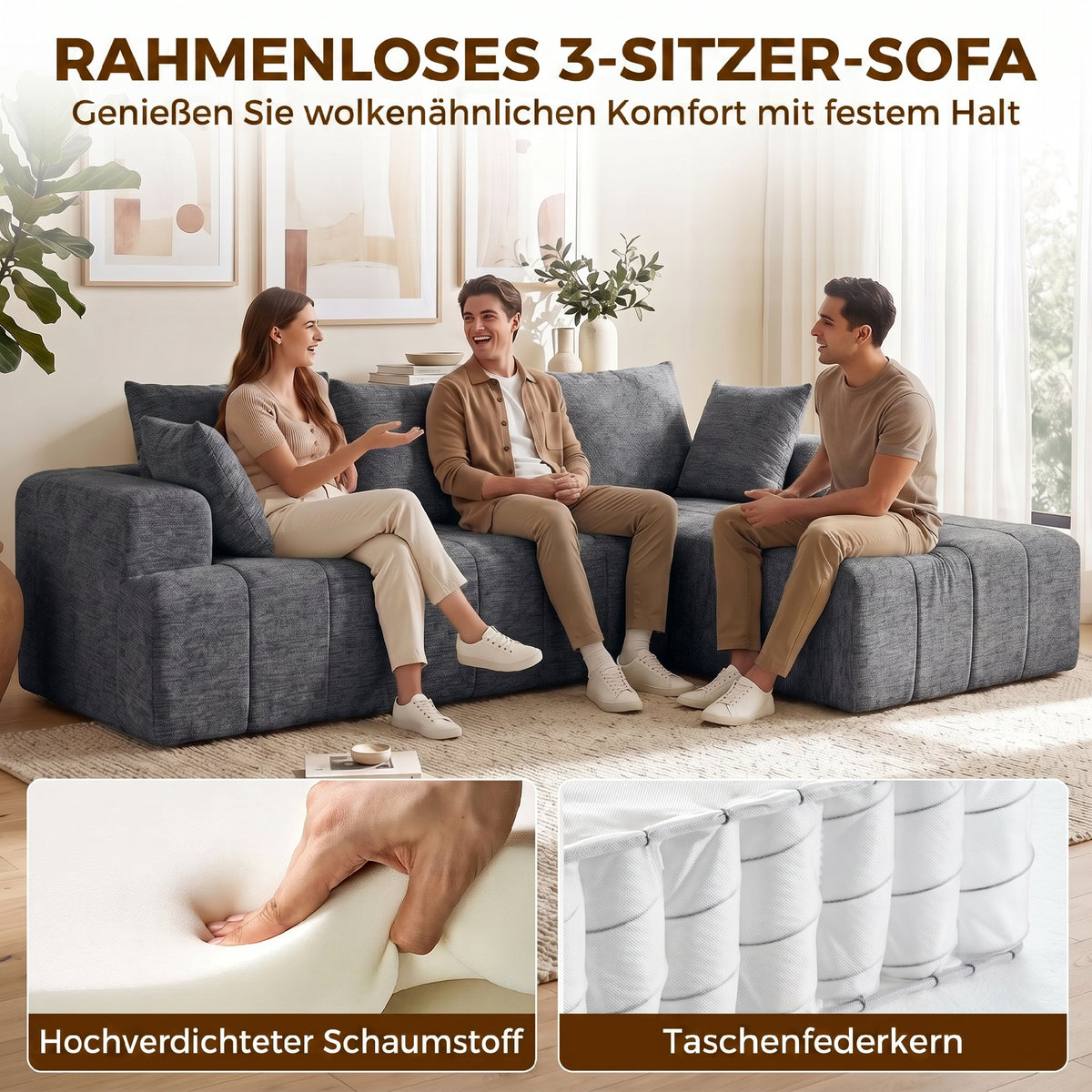 3-zits hoekbank in L-vorm met ottomane, converteerbare chenille-cloud-slaapbank met binnenveringbekleding, grijs (4)