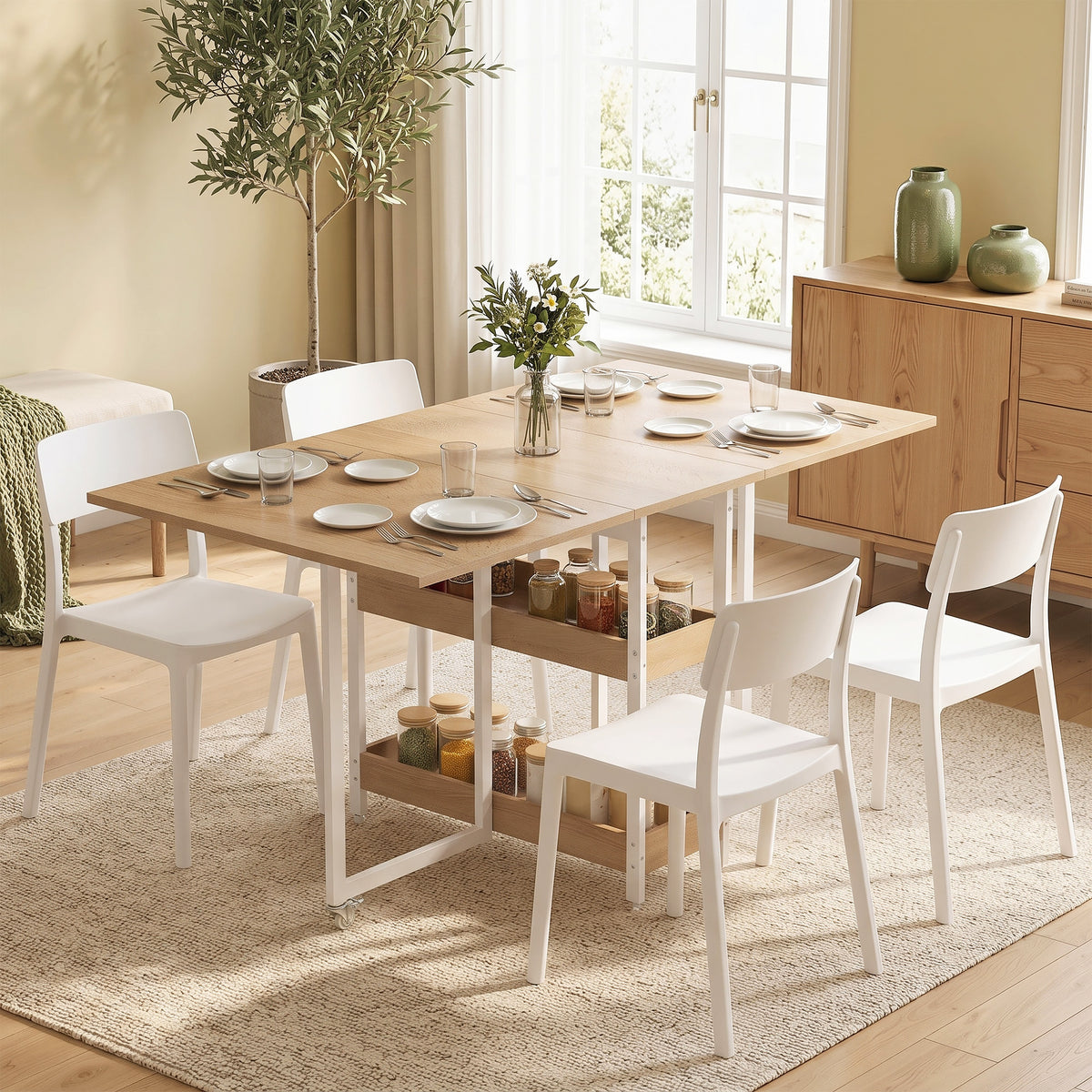 Inklapbare eettafel in industrieel design, voor maximaal 4 personen, open schappen, flexibel, metaal, spaanplaat (2)