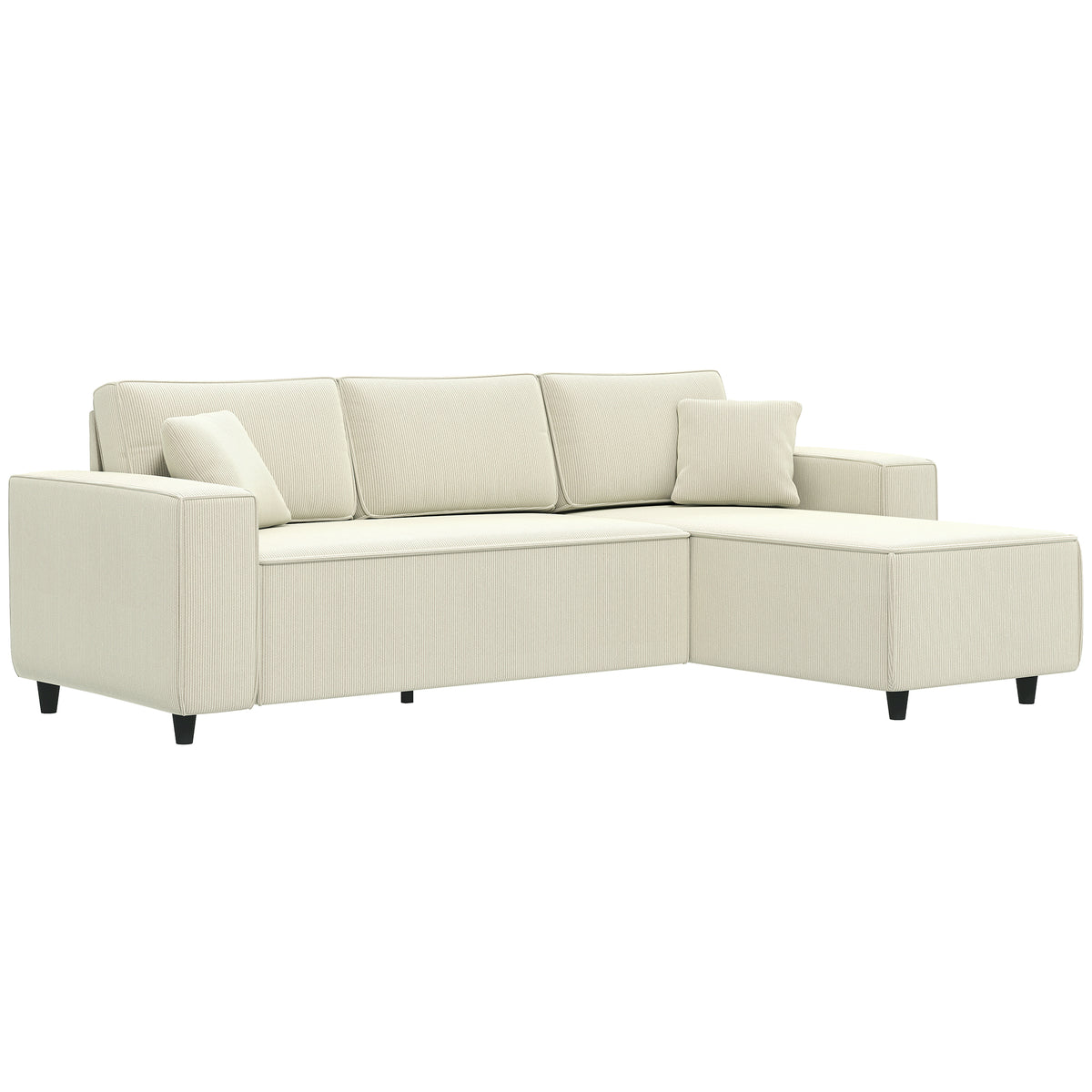 3-zitsbank met chaise longue, woonkamerbank met ribstof, 2 extra kussens, gestoffeerde bank, crèmewit