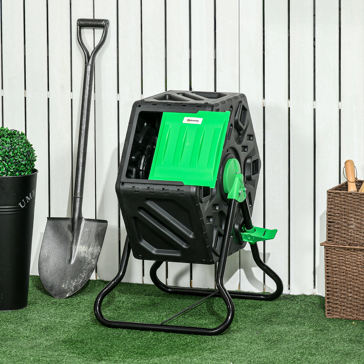 Compostbak, 65 liter compostvat, draaibaar, compact, 24 ventilatiegaten, staal, kunststof, groen+zwart (2)
