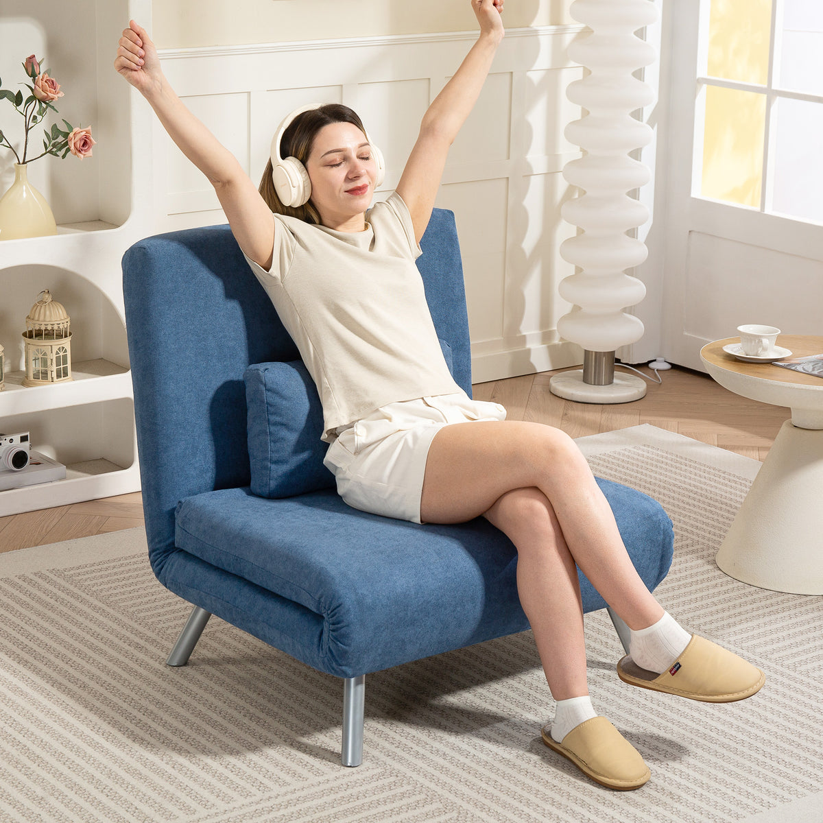 Gestoffeerde fauteuil met slaapfunctie, 3-in-1 design, slaapfauteuil, logeerbed, stoffen bekleding, met kussen (2)