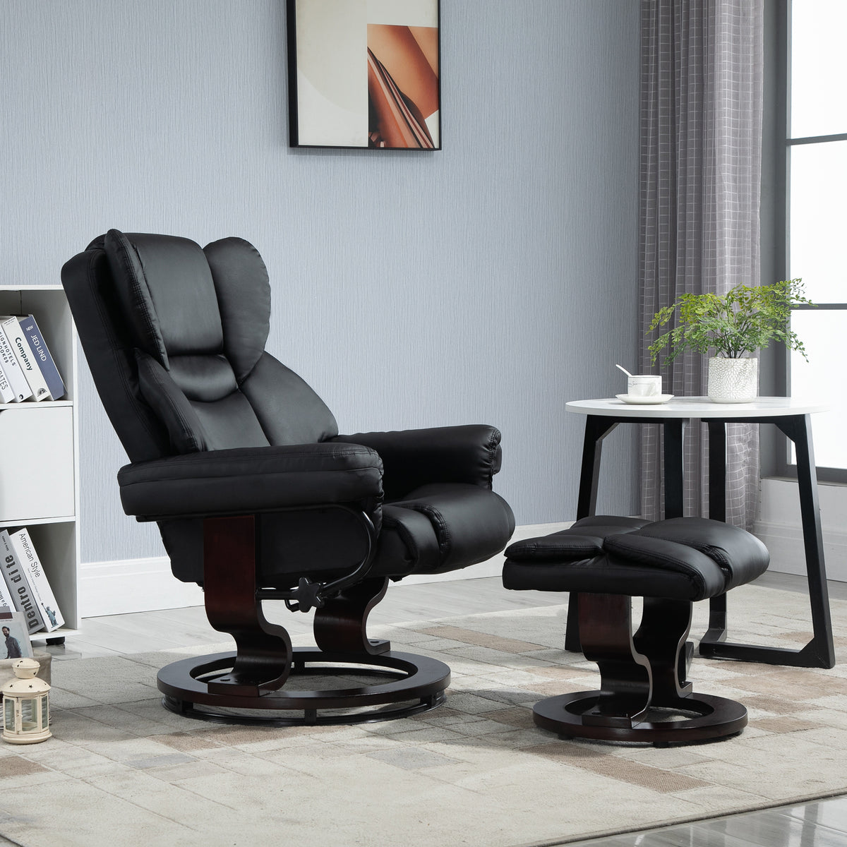 Relaxfauteuil met hocker, ligfunctie, draaibaar, tot 160 kg, kunstleer, metalen frame, zwart, 80 x 79 x 100 cm (2)