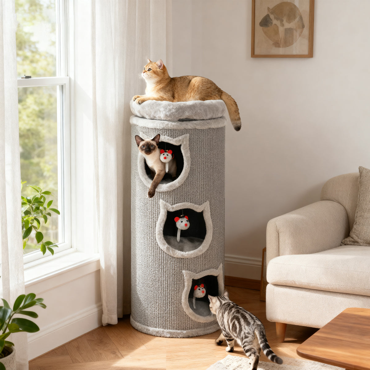 Krabton voor katten, 96 cm, 4-laagse kattentoren met wasbaar bed, 3 slaapgrotten, hangend speeltje, voor (2)
