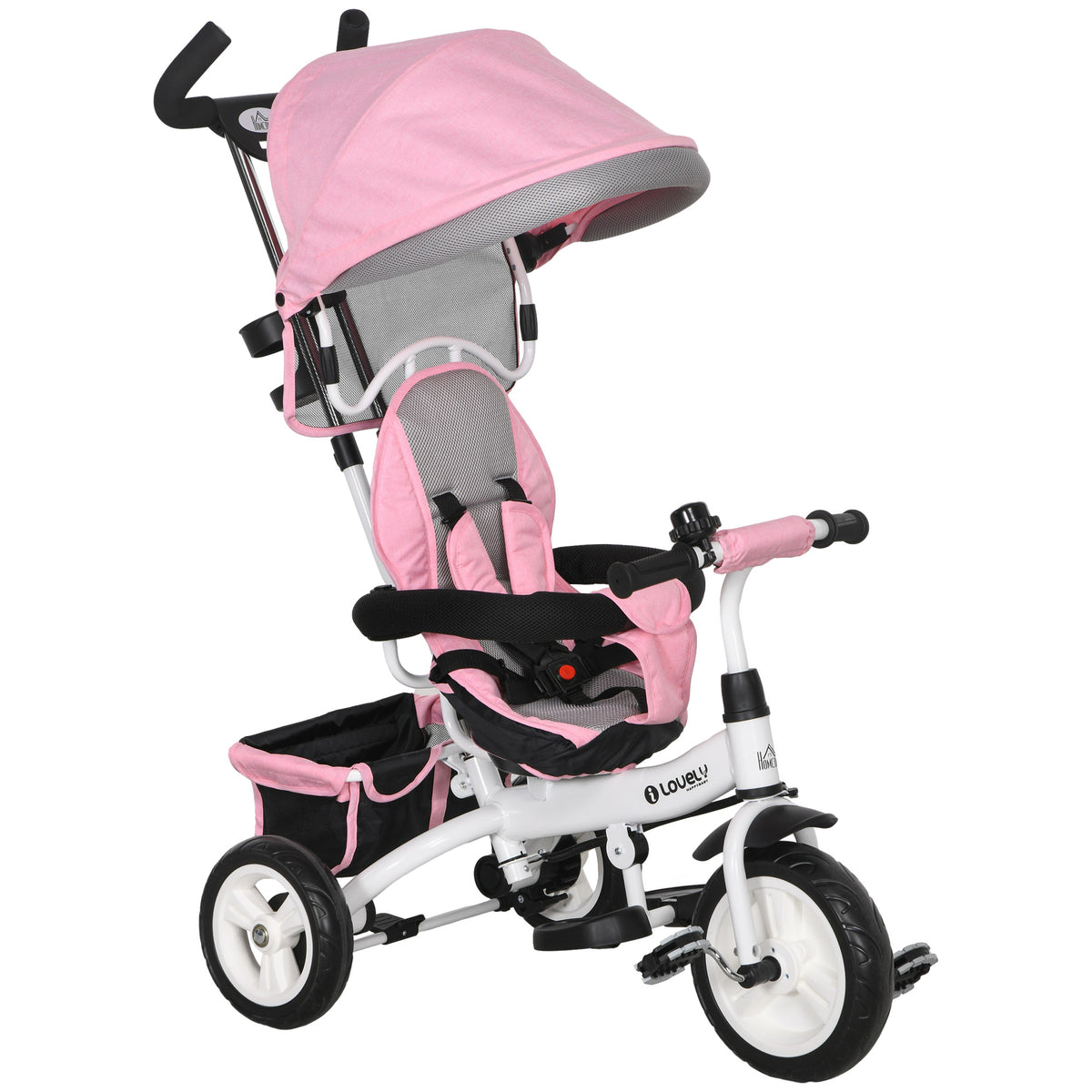 6-in-1 kinderdriewieler met duwstang, zonnekap, veiligheidsgordel, opbergmand, voor 1-5 jaar, roze
