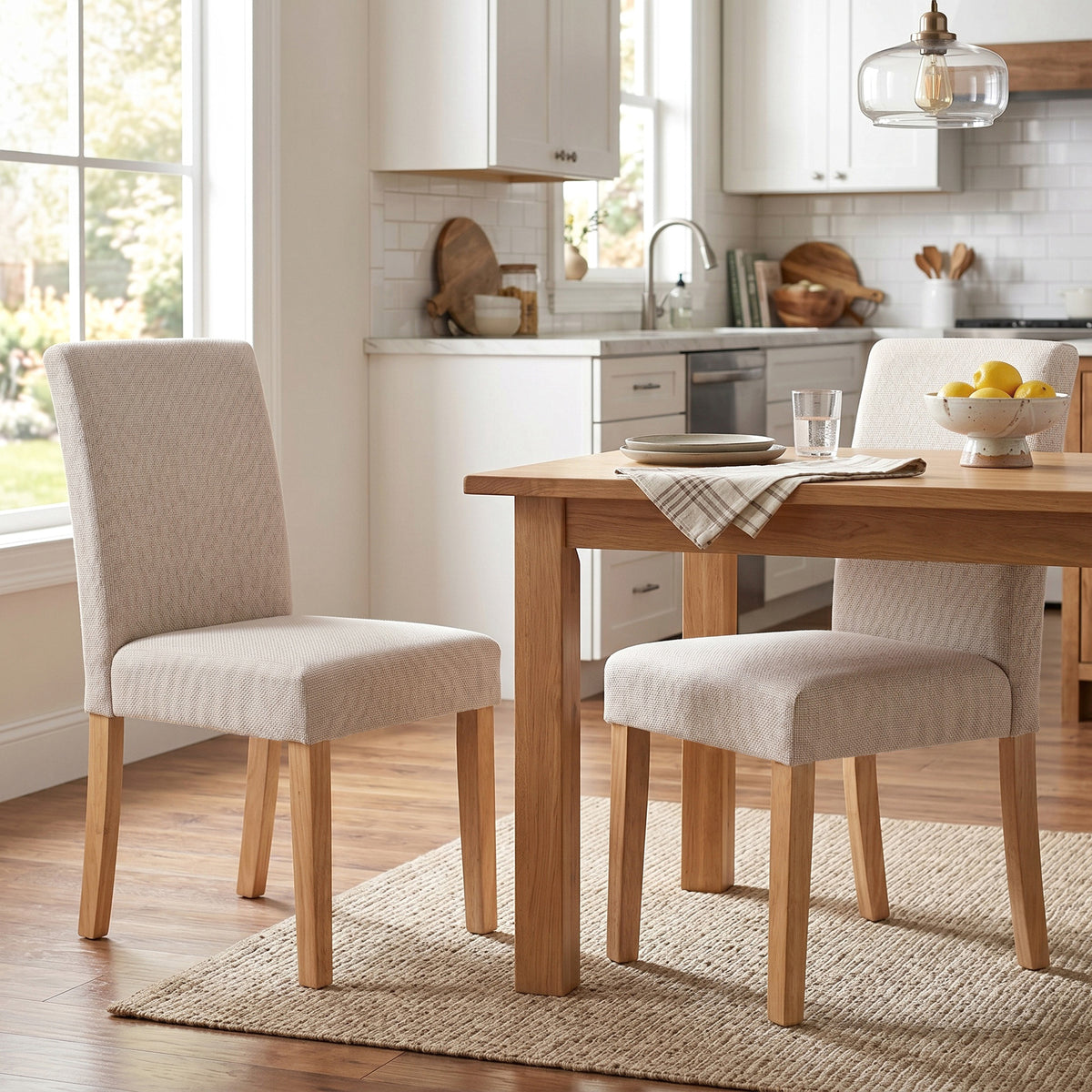 Eetkamerstoelen in 2-delige set, moderne linnen gestoffeerde stoelen met gevoerde zitting en rugleuning, poten (2)