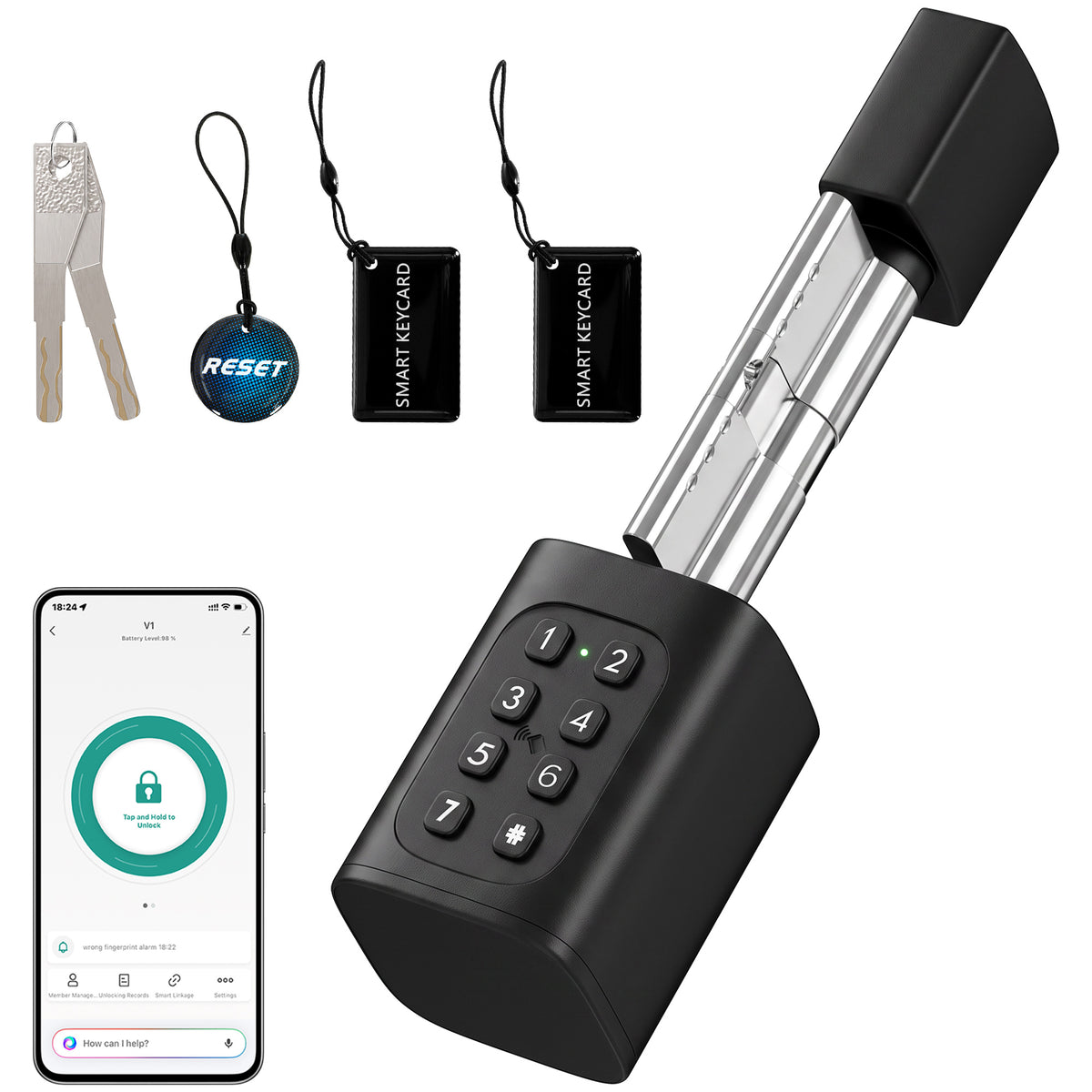 Slimme deurcilinder, 5-in-1 met vingerafdruk, code, app, NFC-kaart & sleutel, gedeelde toegang