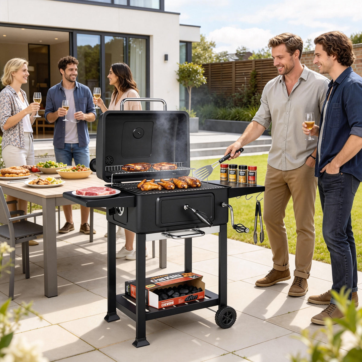 Houtskoolbarbecue BBQ-smoker met dekselthermometer, in hoogte verstelbare kolenpan, schoorsteen, grillrooster (2)