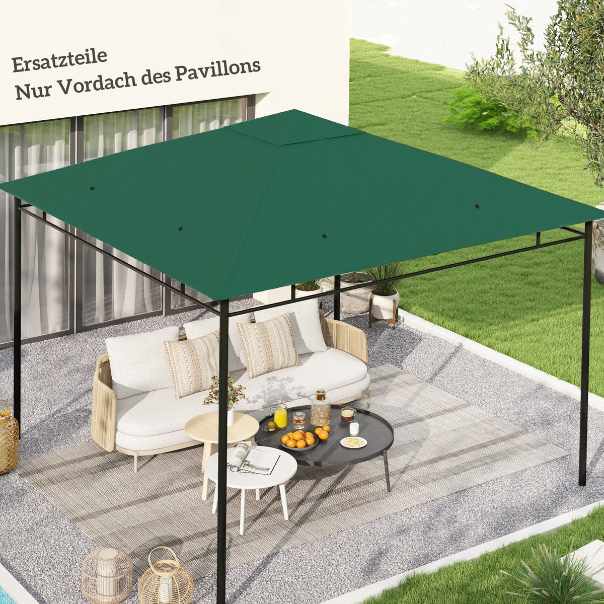 Vervangend dak voor tuinpaviljoen, 8 waterafvoergaten, eenvoudige montage, polyester, groen, 2,98 x 2,98 m (2)