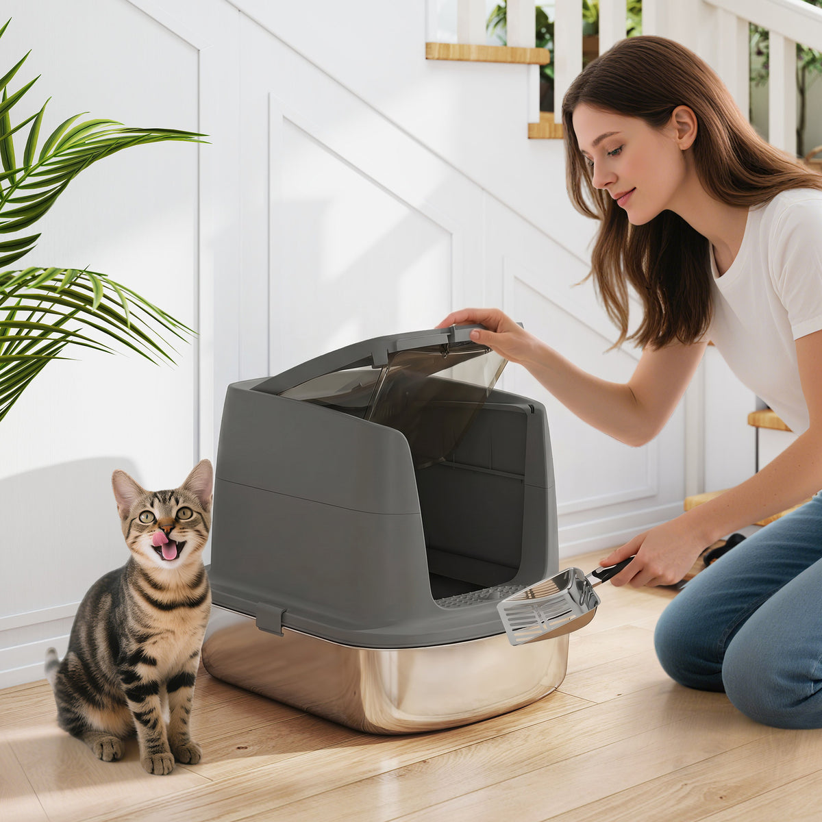 Grote roestvrijstalen kattentoilet, gesloten kattenbak met metalen schep en geurzakje, donkergrijs (2)