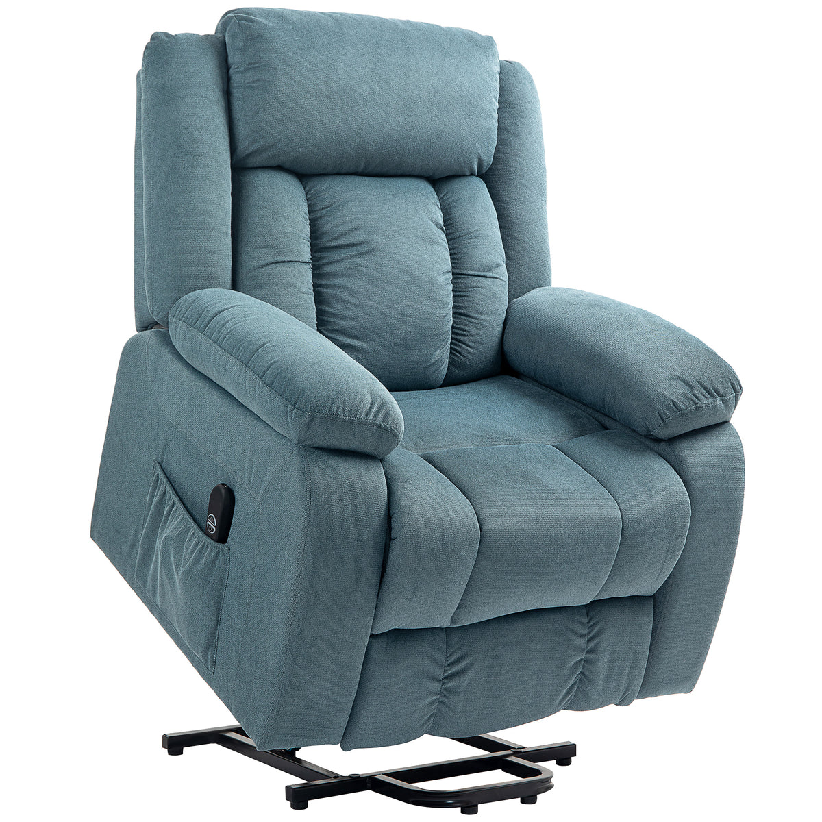 Sta-opstoel met zachte bekleding, relaxfauteuil met afstandsbediening en zijvakken, blauw