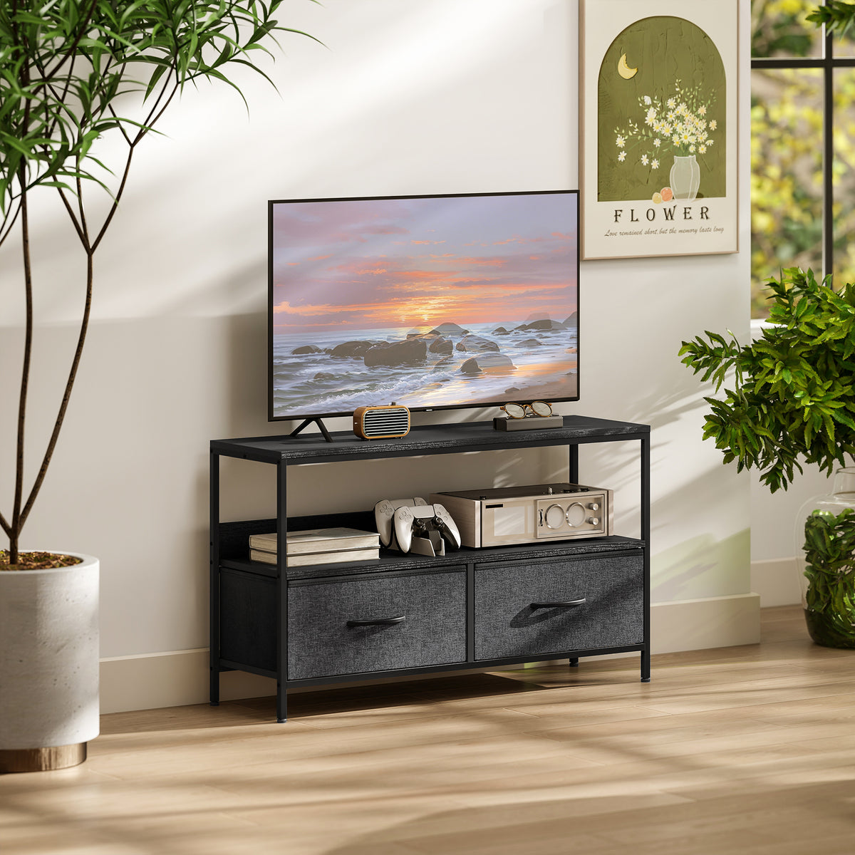 TV-meubel lowboard met 2 lades, open vak, voor tv's tot 47 inch, 98 x 29 x 56 cm, zwart+donkergrijs (2)