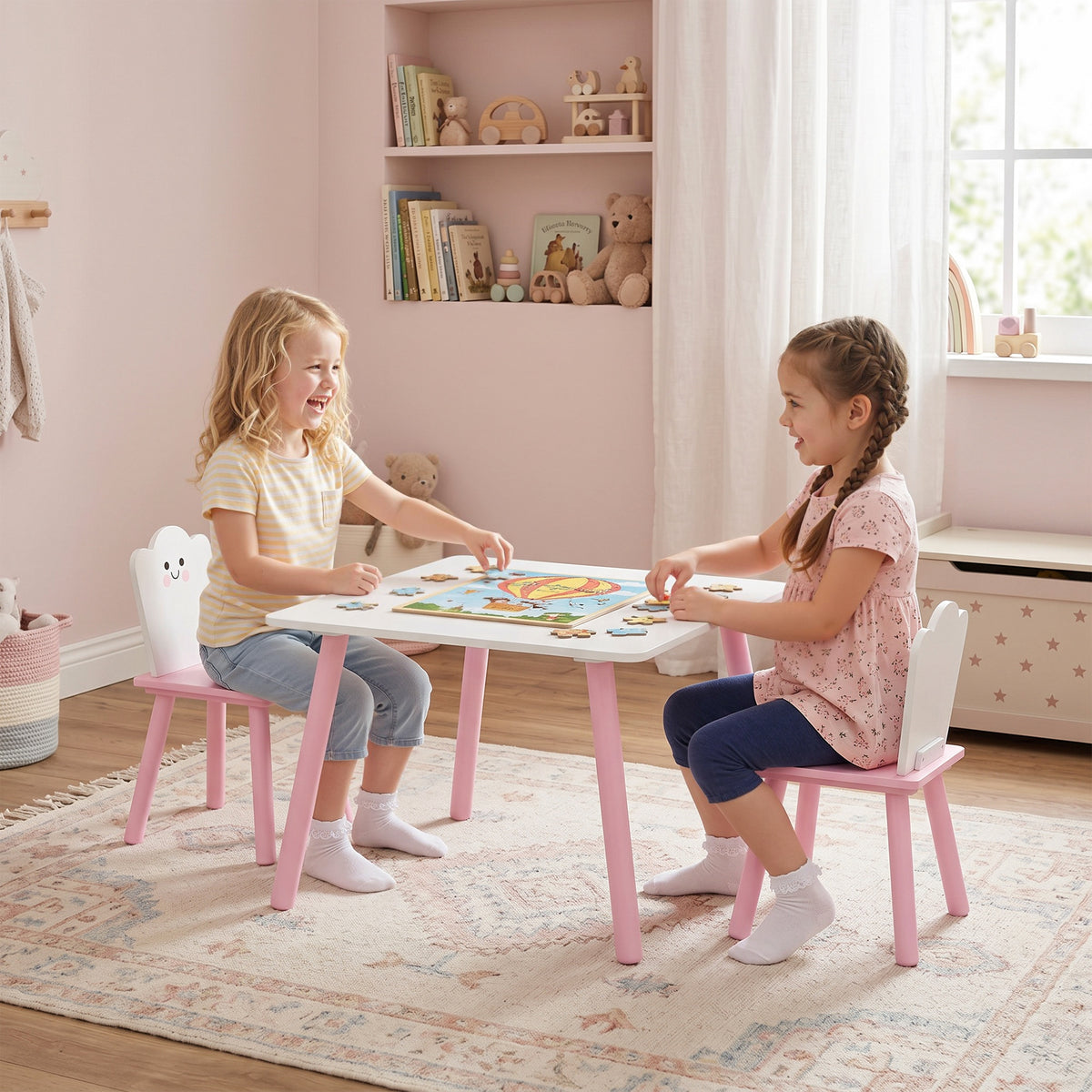 Kindertafel en stoelset 3-delig, 1 tafel 2 stoelen, roze en wit (2)