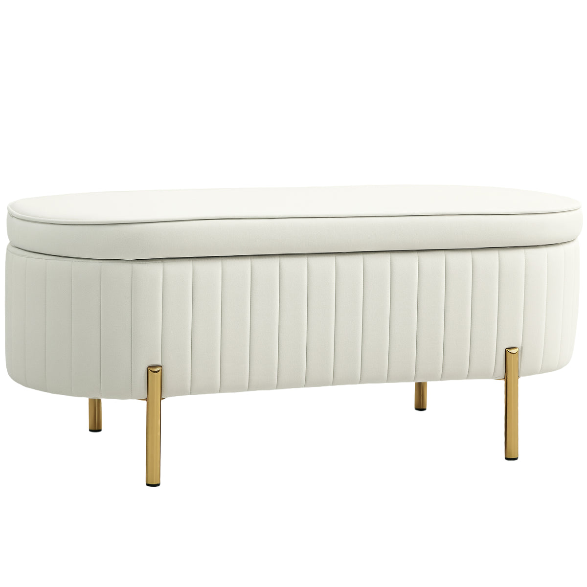 Bank met klapdeksel en opbergruimte, stoffen bekleding, metaal, crèmewit+goud