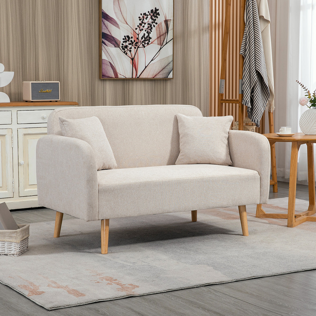 2-zitsbank bank, modern design, incl. 2 kussens, houten poten, 130 x 70 x 80 cm, crème (2)