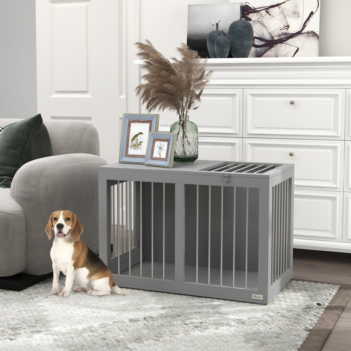 Hondenbench, hondentransportbox, 2 deuren, afsluitbaar, stalen rooster, 80 cm x 50 cm x 56,5 cm, grijs (2)