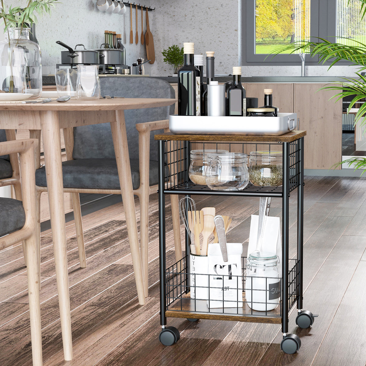 Keukentrolley in industrieel design 1 plank 1 opbergmand 4 wielen 40 cm x 30 cm x 62 cm staal zwart + bruin (2)