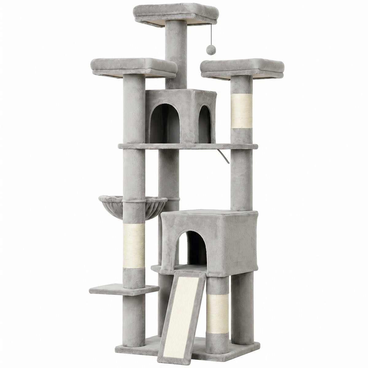 Grote krabpaal 184 cm hoog, kattenboom met 3 krabpalen, ligplekken, speelbal, hangmat, ladder, voor katten onder