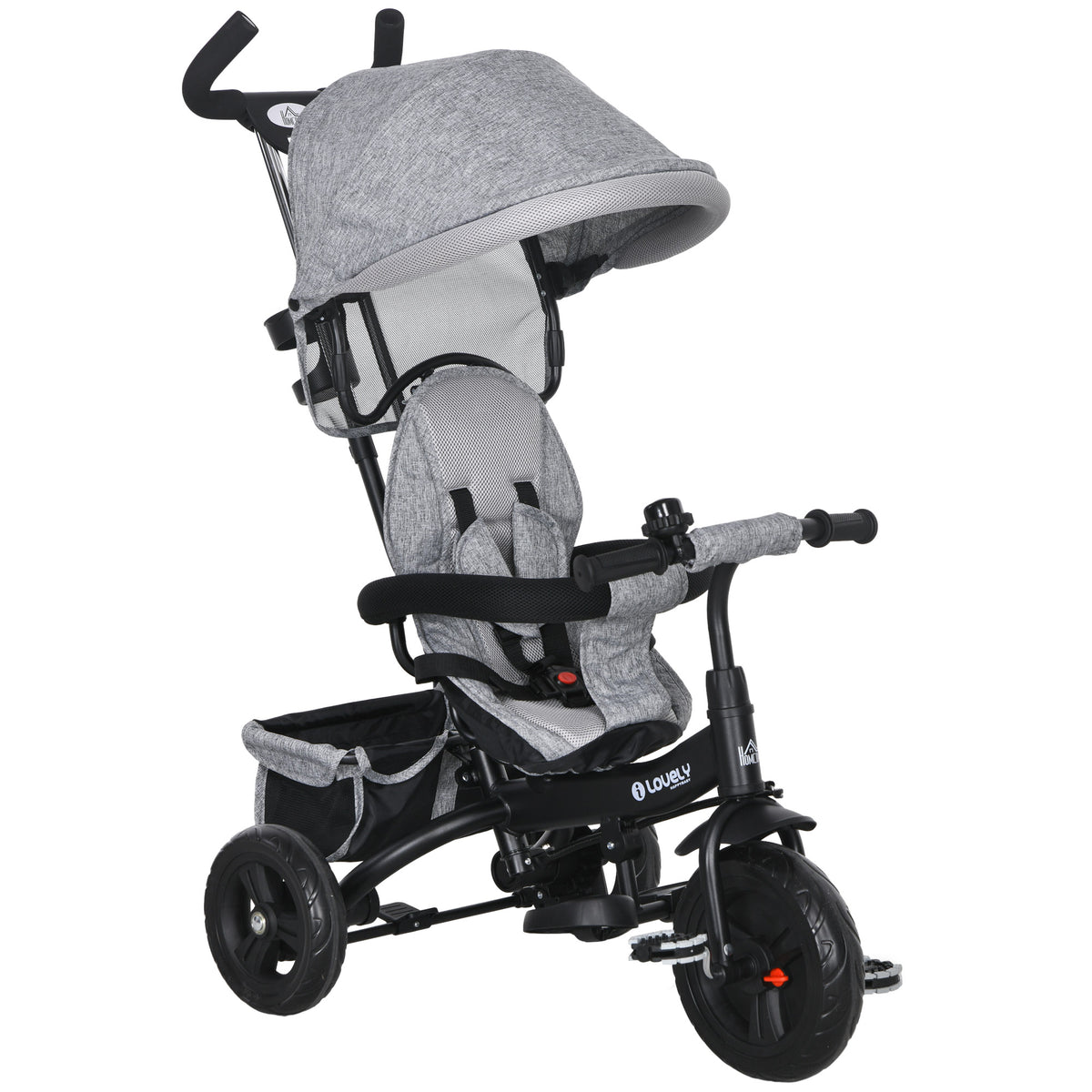 6-in-1 kinderdriewieler met duwstang, dak, gordel, opbergmand, voor 1-5 jaar, grijs
