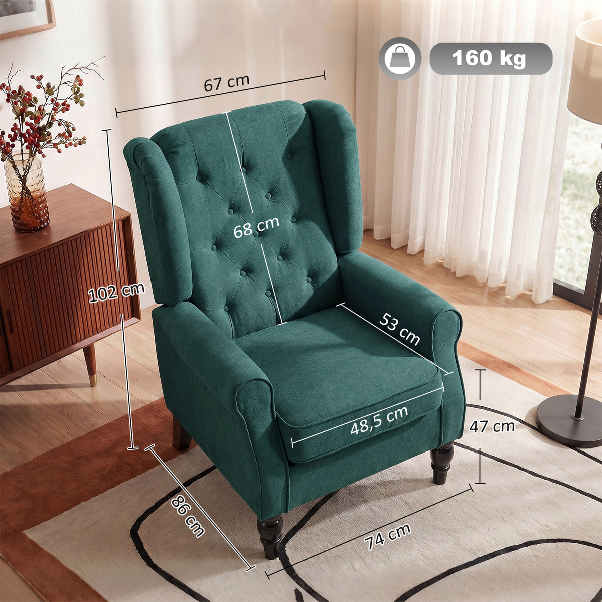 Elegante oorfauteuil, dik gestoffeerd, afneembare hoes, 74 x 86 x 102 cm, donkergroen (3)