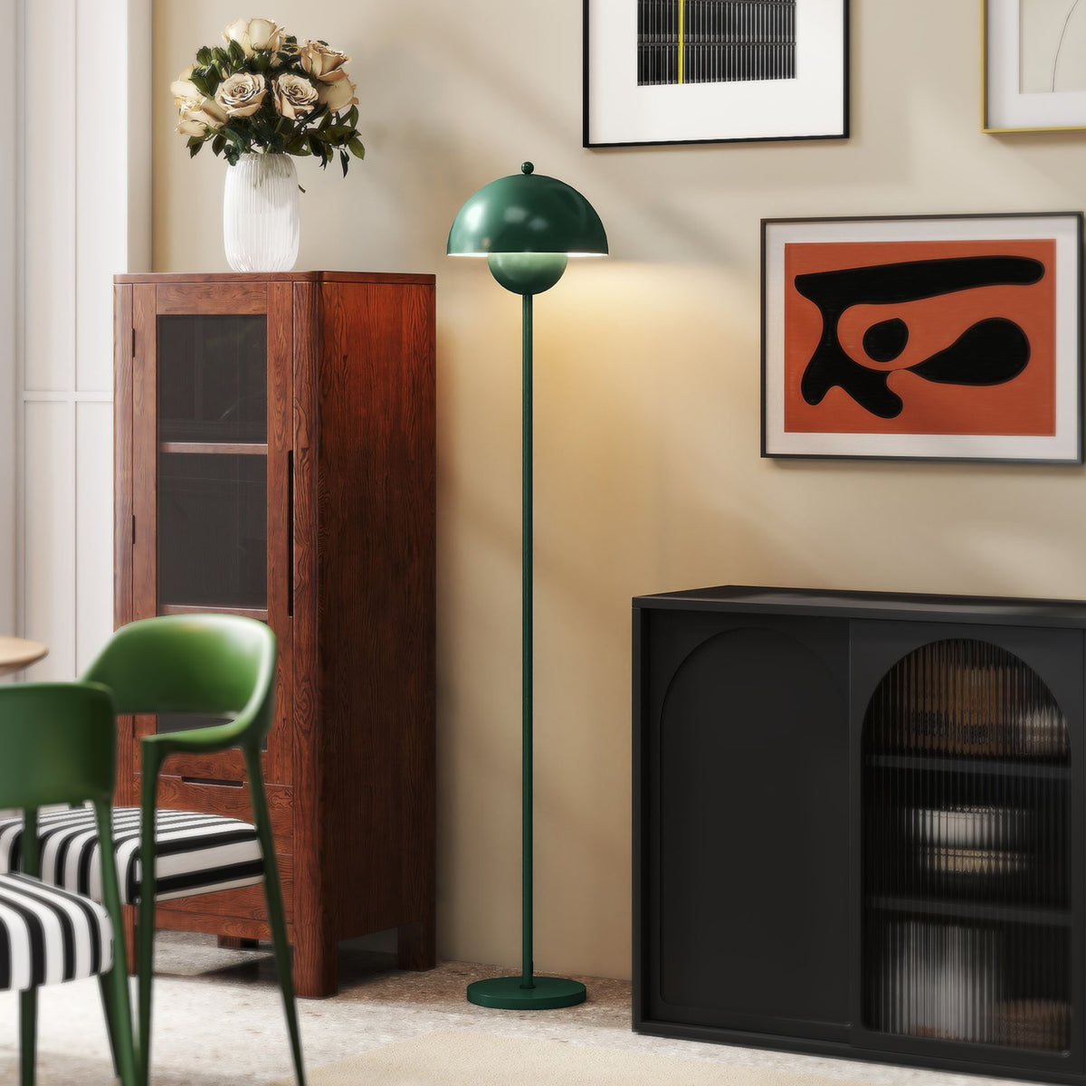 Staanlamp, ronde kap, voetschakelaar, lang snoer, elegante look, staal, groen (2)