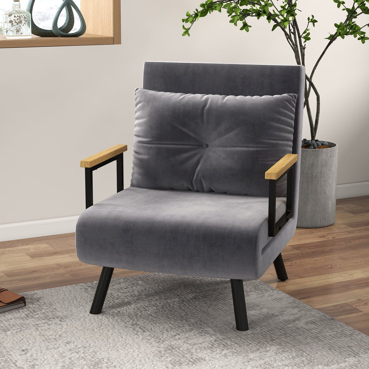 Relaxfauteuil in Scandinavisch design, ligstoel, leesstoel. incl. kussen met knoopsluiting, zwart + naturel (2)