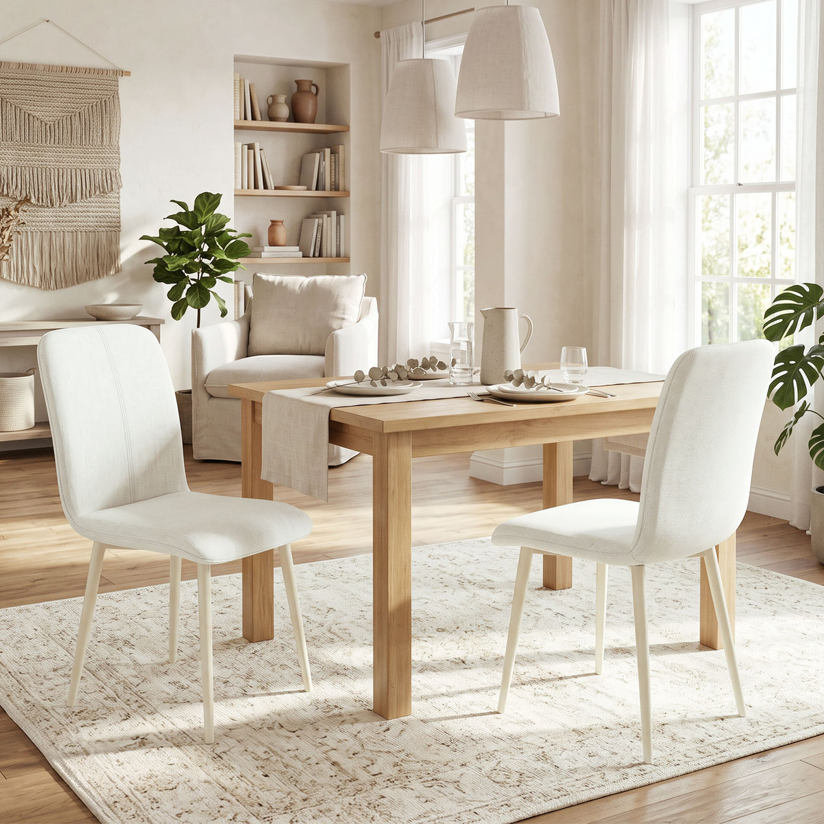 Eetkamerstoelen set van 2, gestoffeerde keukenstoelen in linnenlook met lichte poten, crème (2)