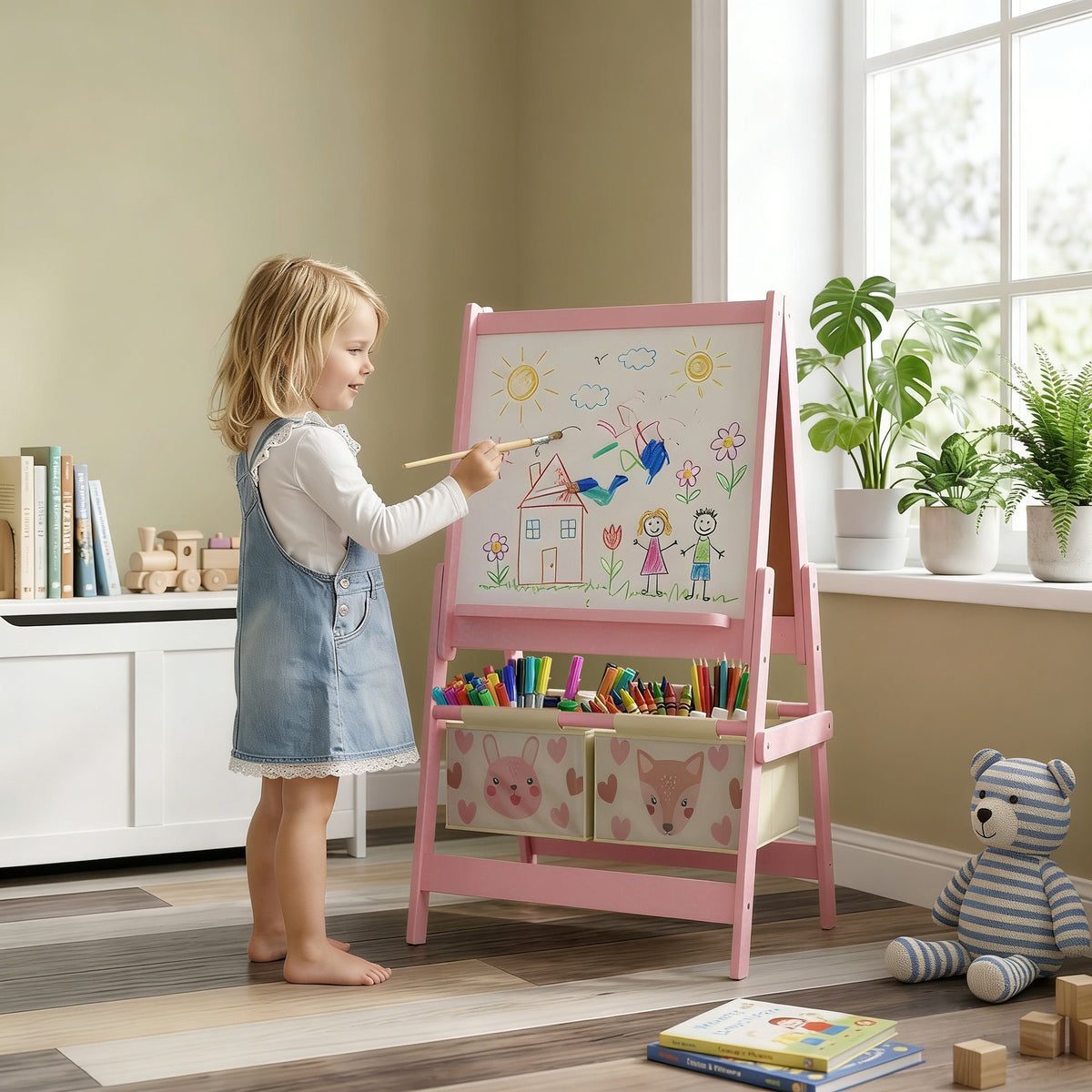 3-in-1 kinder-ezel met papierrol, krijtbord, whiteboard, opbergmanden, 54 x 46,5 x 93 cm, roze (2)